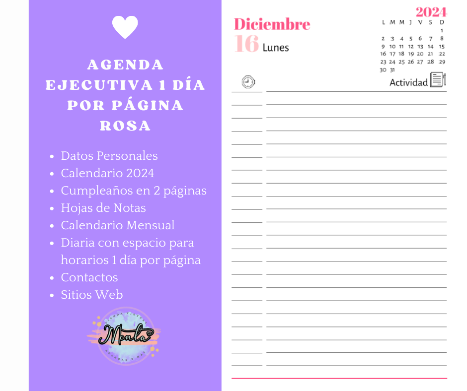 Taco de Agenda Impresa - Ejecutiva 1 Día por Página Rosa (Media Carta)