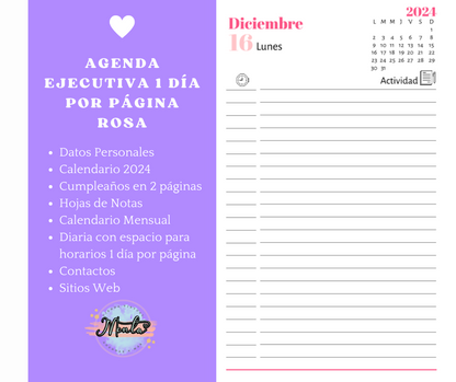 Taco de Agenda Impresa - Ejecutiva 1 Día por Página Rosa (Media Carta)