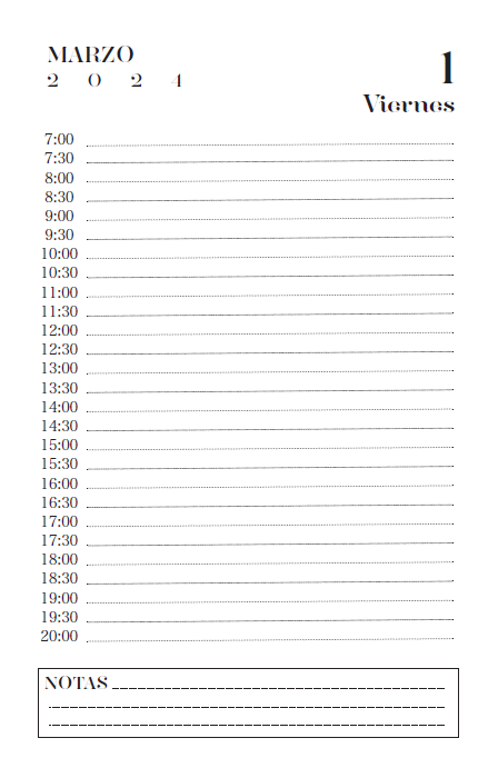 Taco de Agenda impresa - Ejecutiva 1 Día x Página con horario (Media Carta)