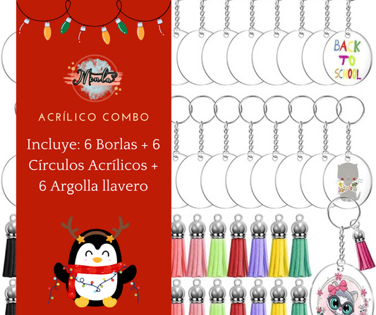 Combo 6uds Acrílico + Llavero + Borlas Cuero