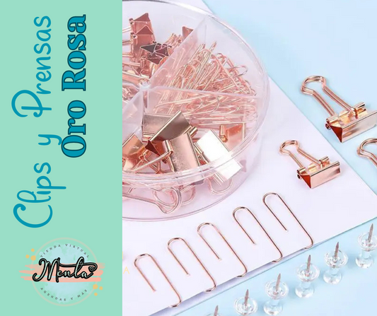 Cajita Clips, Prensas y Pines Oro Rosa