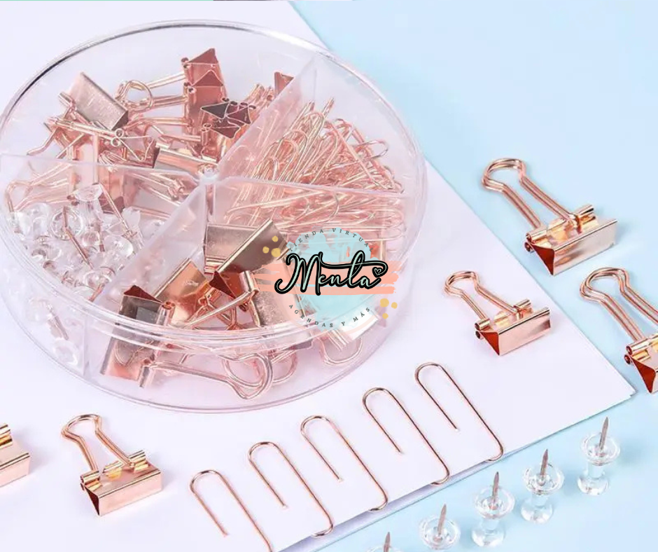 Cajita Clips, Prensas y Pines Oro Rosa